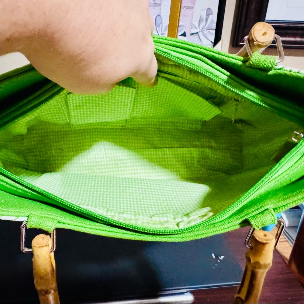 Kate Spade Green and White Floral Tote w rhinestones & Bamboo Handles - EUC Rare - Picture 7 of 16